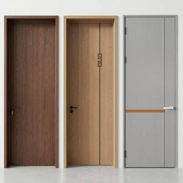 Three interior door design examples in timber-look and solid grey finishes