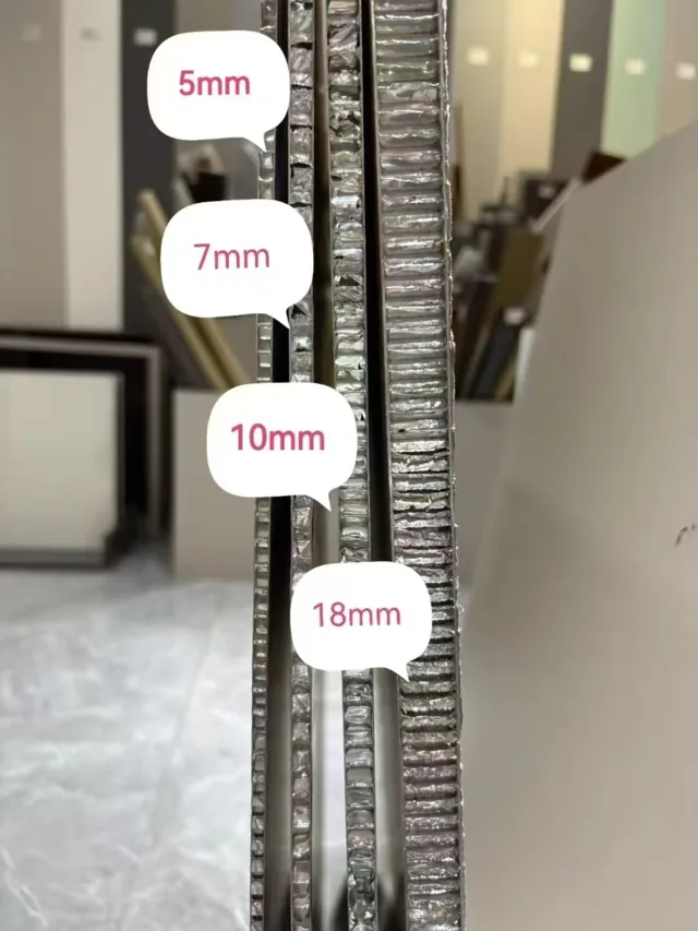 Cross-section samples of aluminium honeycomb panels labelled 5, 7, 10 and 18 millimetres