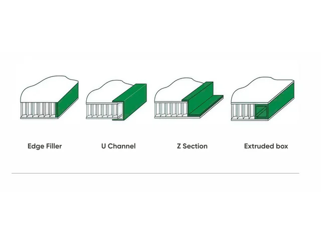 Diagrams of edge filler, U-channel, Z-section and extruded box closures