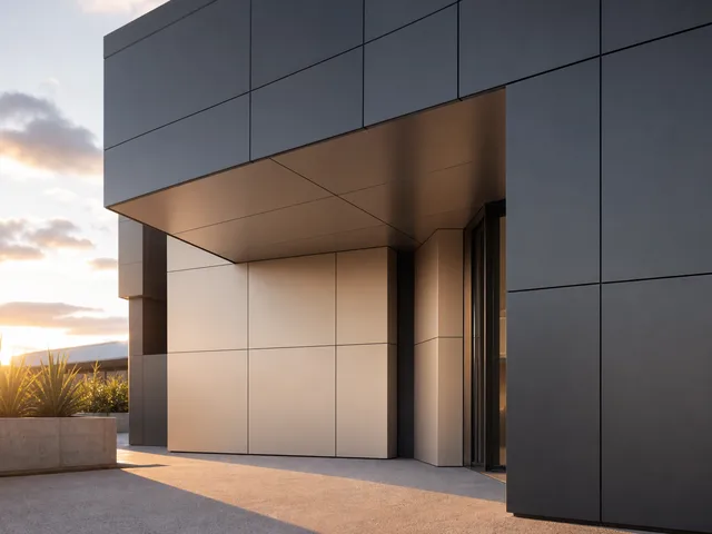 Installed charcoal and champagne aluminium cladding panels