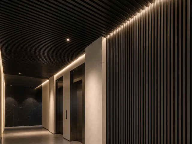 Black aluminium battens continuing from ceiling to wall