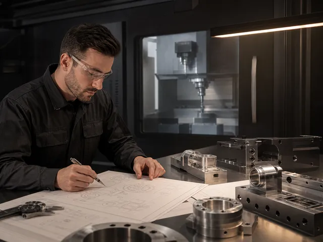 Engineer reviewing an aluminium production drawing beside machined parts