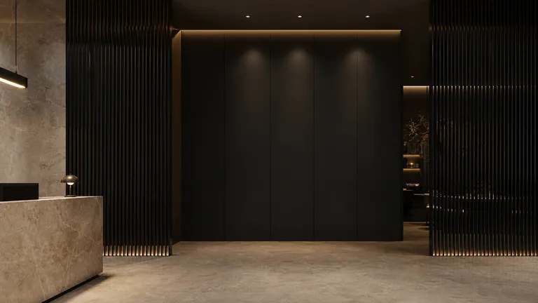 Dark aluminium cladding and battens in a modern commercial interior